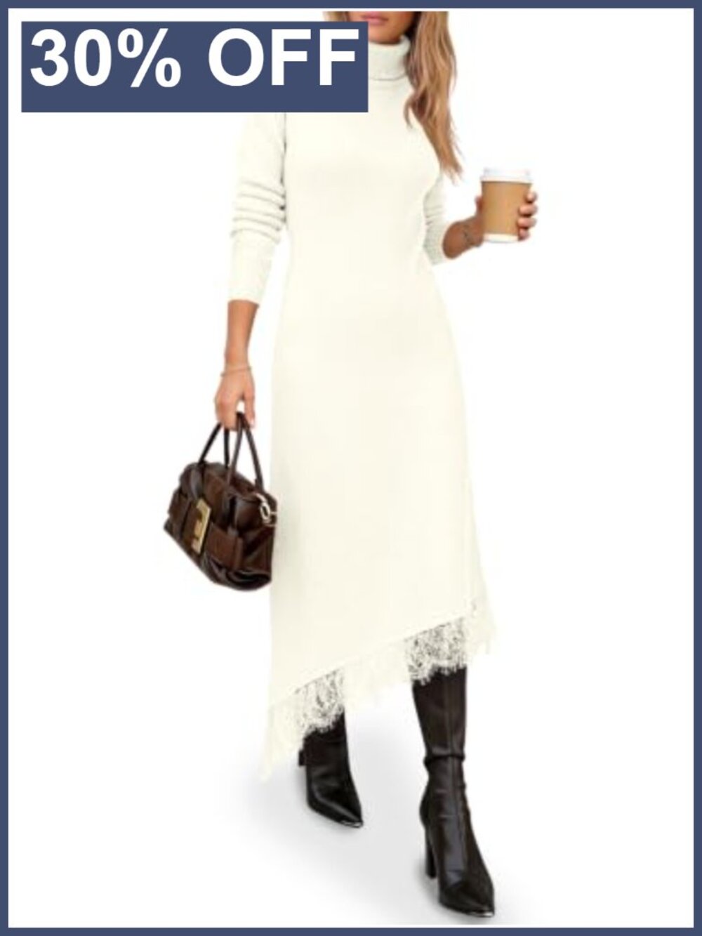 Turtleneck Sweater Dress Lace Patchwork Knit Midi Dress Fitted Pullover